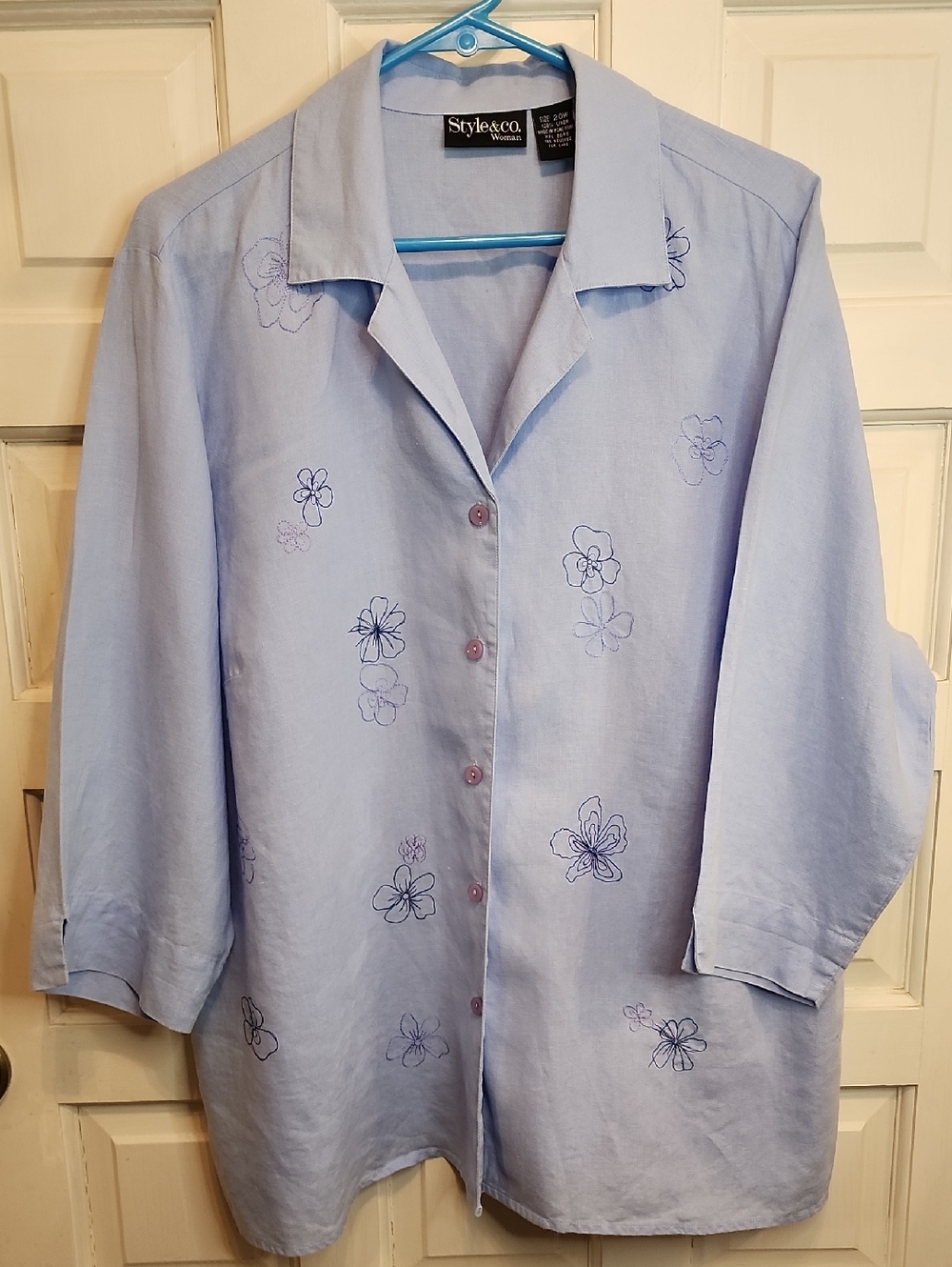 STYLE & CO 100% LINEN BUTTON DOWN 3/4 SLEEVE FLORAL EMBROIDERY CLASSIC SHIRT